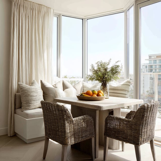 A sun-drenched breakfast nook featuring a built-in bench with pillows, a light wood table, and two woven chairs.