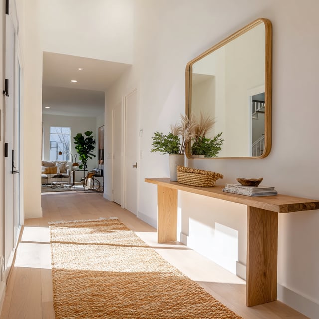 Minimalist entryway with wooden console, mirror, and natural fiber runner.
