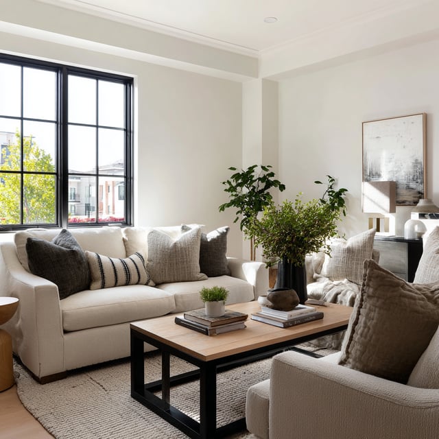 A modern living room featuring neutral-toned furniture, a wooden coffee table, and a large window with black frames.