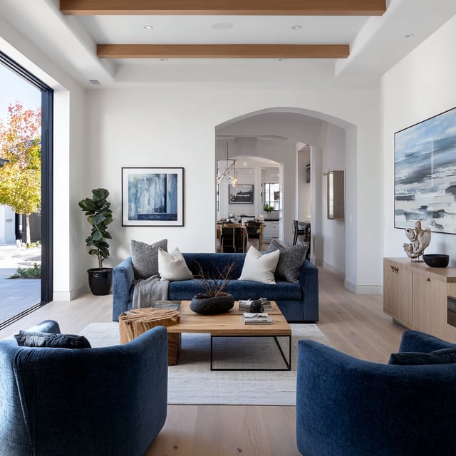 A bright living room with white walls, light wood floors, and a blue sofa flanked by two blue armchairs, with a view to the outdoors.