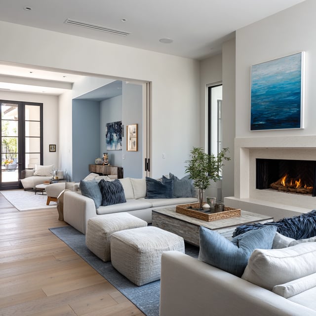 A bright, modern living room with light-colored furniture, a light wood floor, a fireplace with a blue abstract painting above it, and an open doorway leading to an outdoor area.