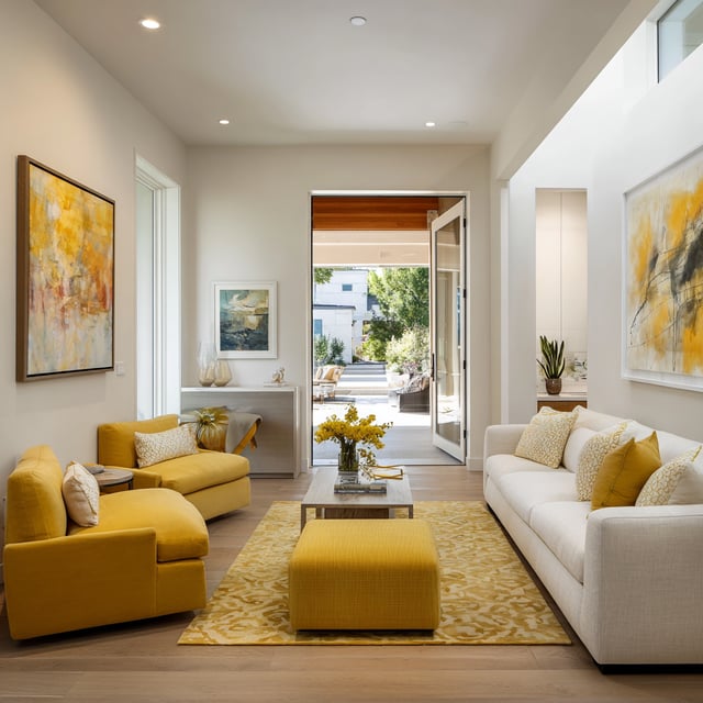 Modern living room with yellow chairs, a white sofa, and art.