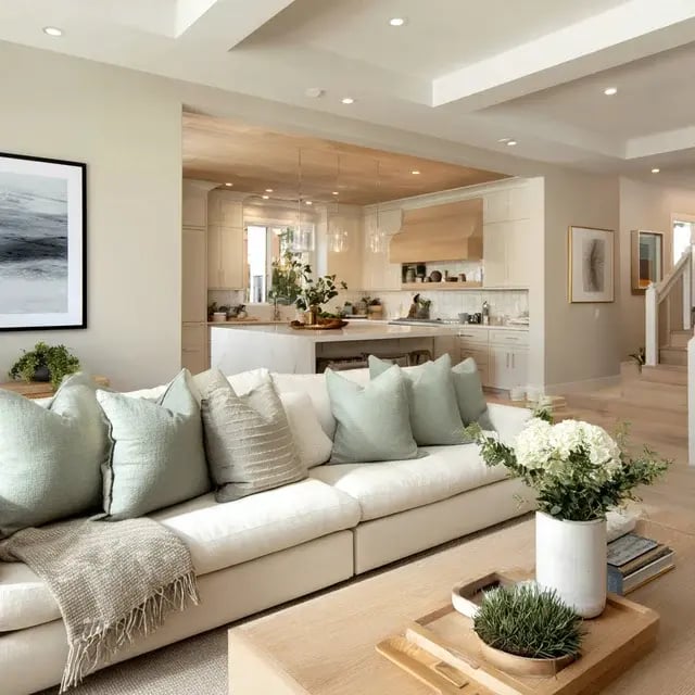 Open concept living space with white sofa and kitchen view.