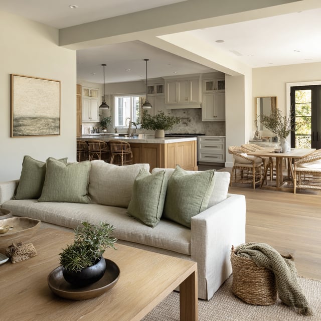 An open-concept great room featuring a neutral-toned living area, a kitchen with a wood island, and a dining space with light-toned furniture.