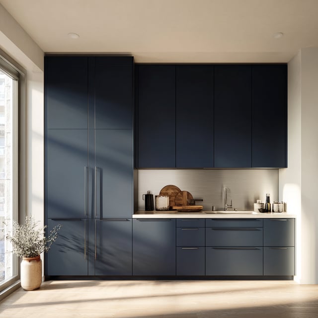 Sleek navy blue kitchen cabinetry with a minimalist design.