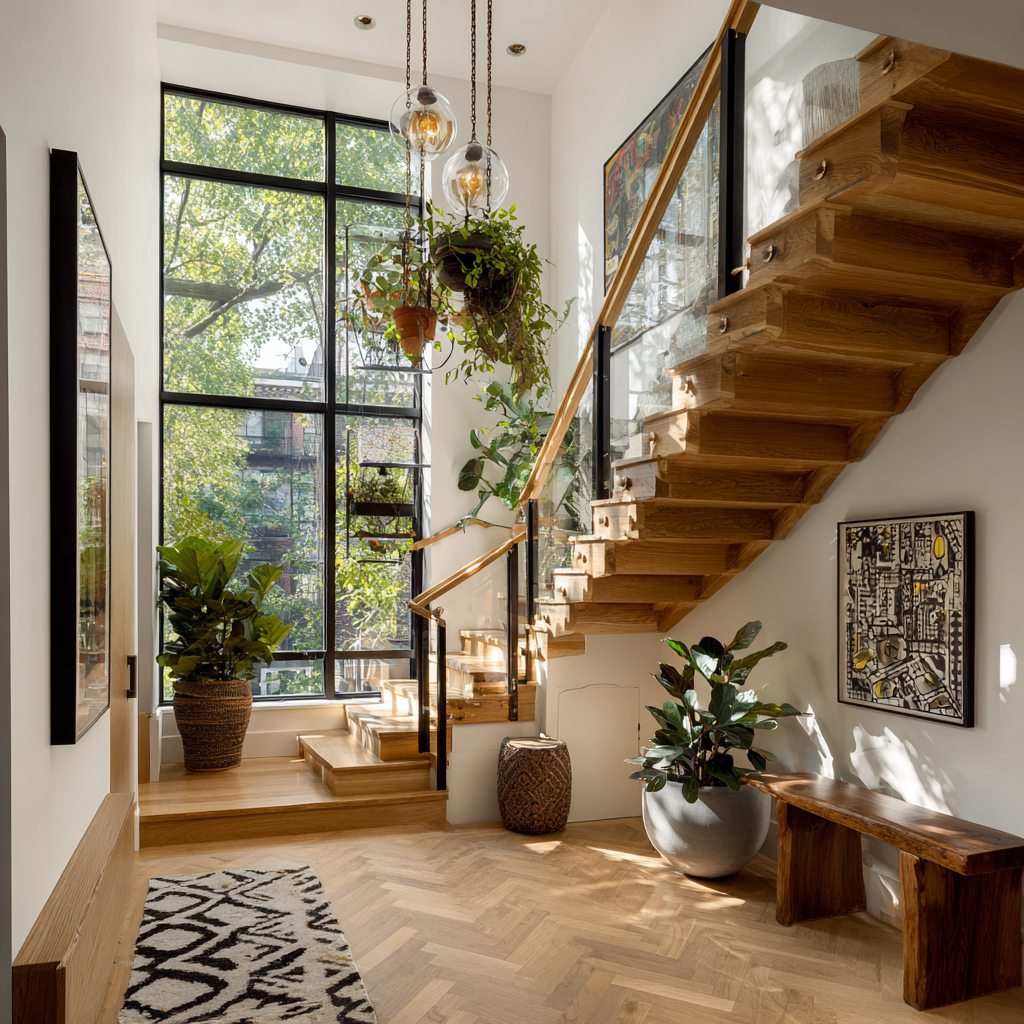 A chic urban townhouse entryway features a light wood U-shaped staircase with a glass and black metal railing, a wall of large windows overlooking greenery, and a light wood herringbone floor with a black and white patterned rug.