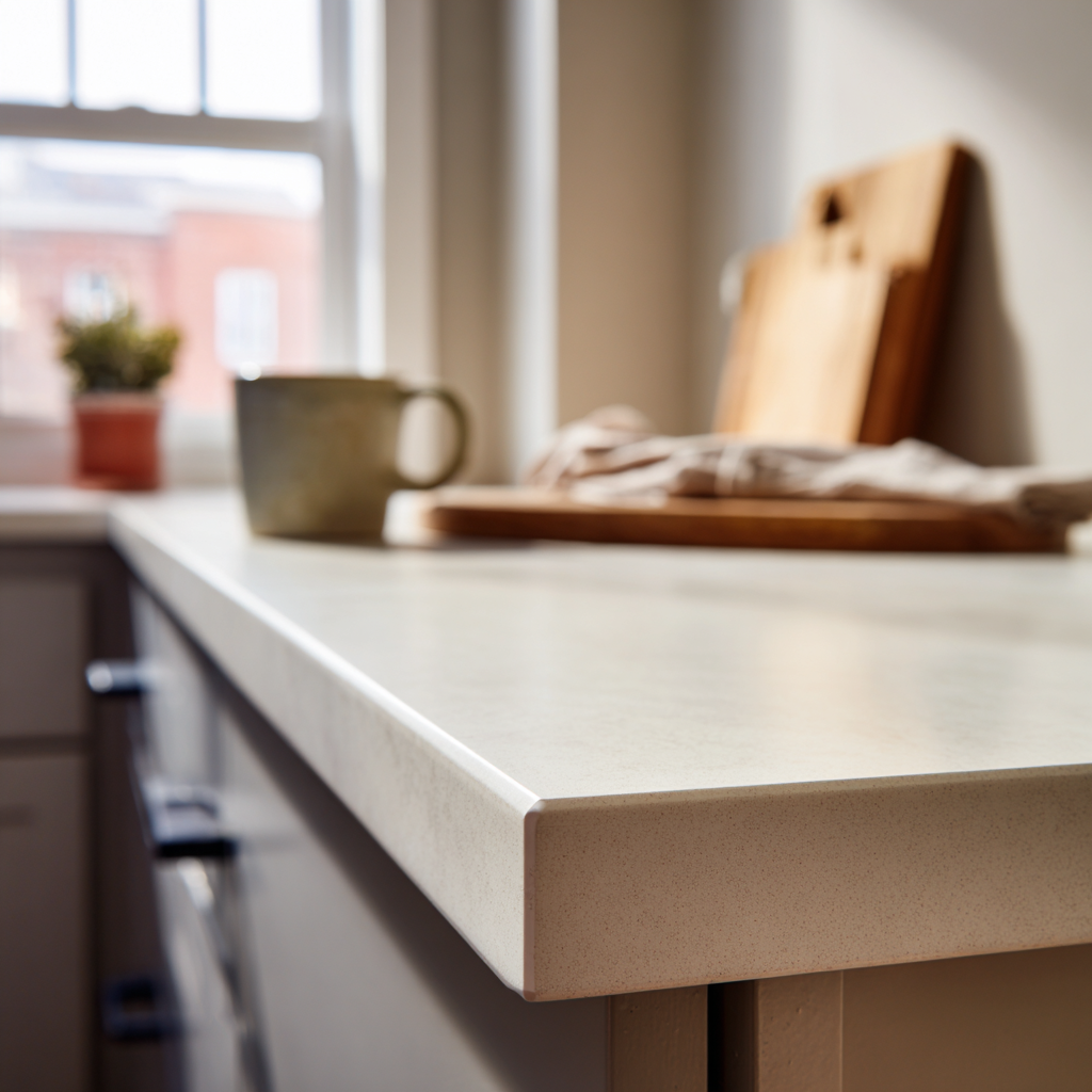  Close-up of a smooth, white quartz countertop with a square edge.