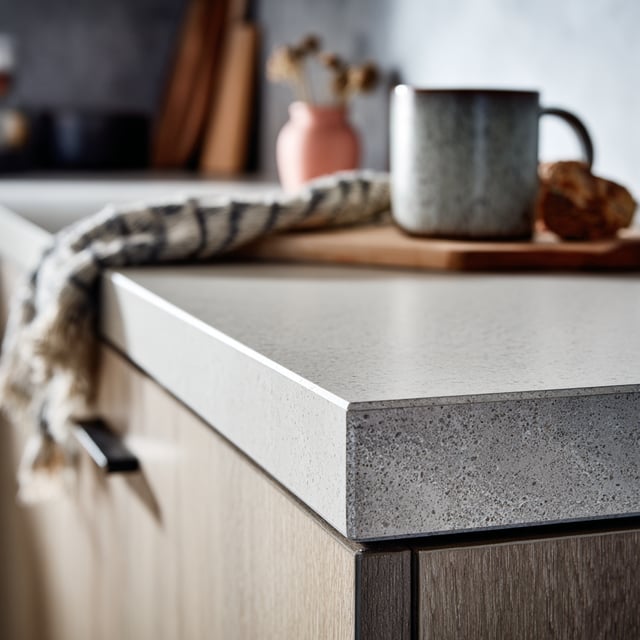  Close-up of a neutral stone countertop with a square edge.v