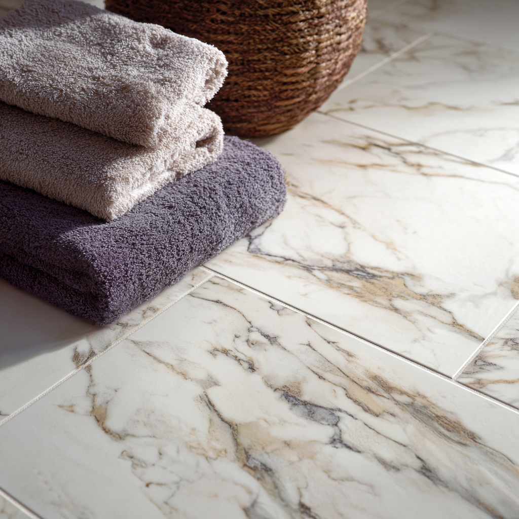A close-up of marble-look porcelain tile featuring a stack of purple towels and a woven basket.
