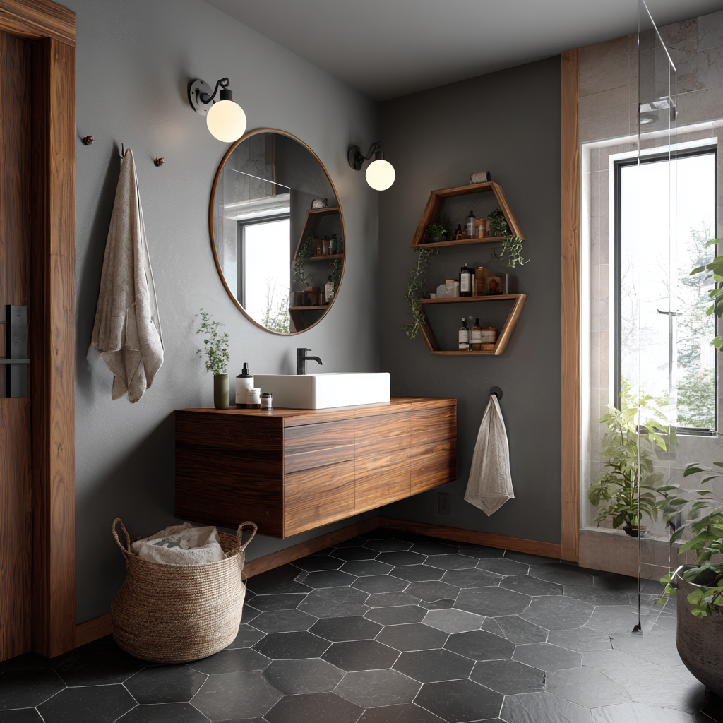 Modern bathroom with a wood vanity and black hexagon tile.