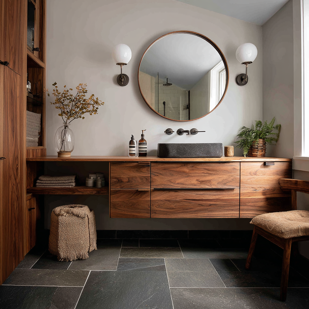 Japandi bathroom with a wood vanity and round mirror.