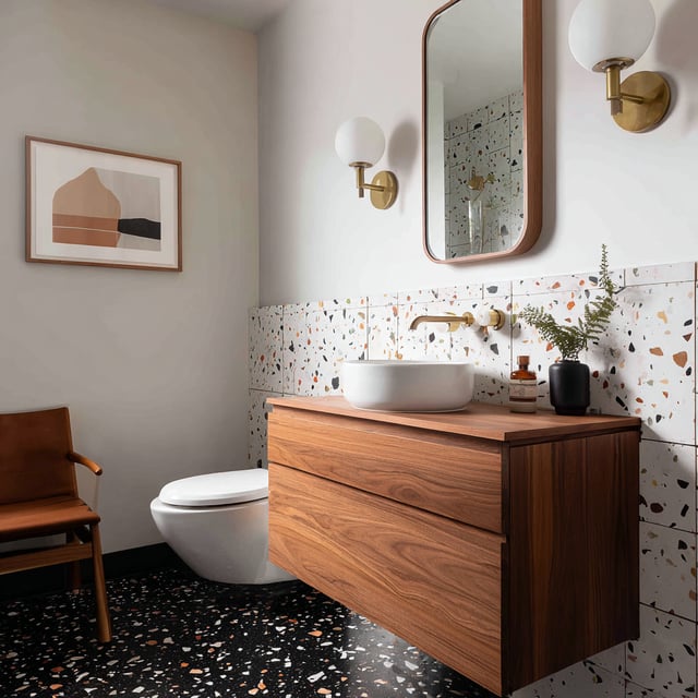 A compact mid-century modern bathroom with a floating walnut vanity, white vessel sink, terrazzo tile backsplash and floor, brass wall-mounted fixtures, a rounded mirror, and warm neutral decor.