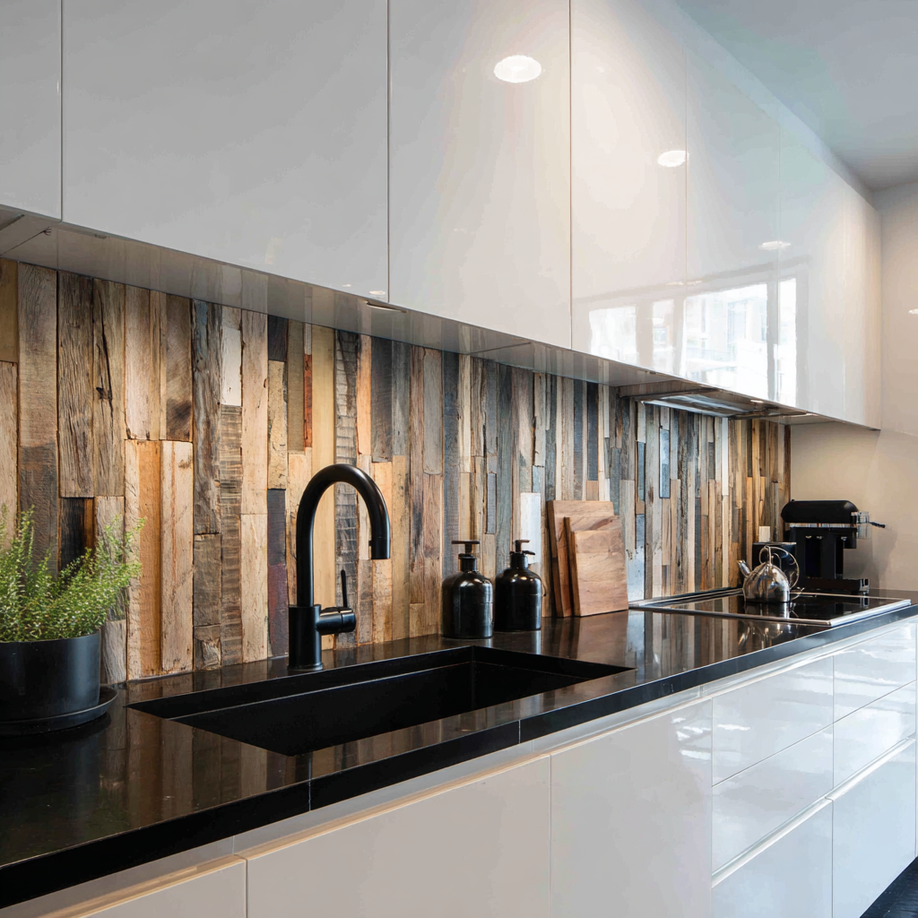 Modern kitchen with vertical reclaimed wood strips.