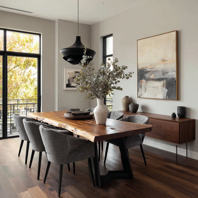 A contemporary dining room featuring a live-edge wood table, grey upholstered chairs, and a black pendant light.