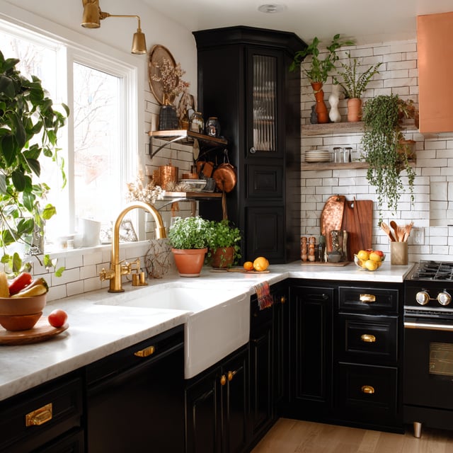 The image depicts an eclectic kitchen featuring black cabinets and appliances, a white subway tile backsplash, a white farmhouse sink with a brass faucet, open shelving with plants and assorted decor, and a corner cabinet with a glass-paneled door.
