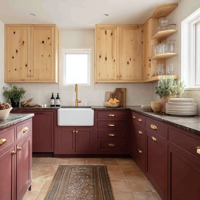 A kitchen with deep wine-colored lower cabinets, natural wood upper cabinets, and a white farmhouse sink.