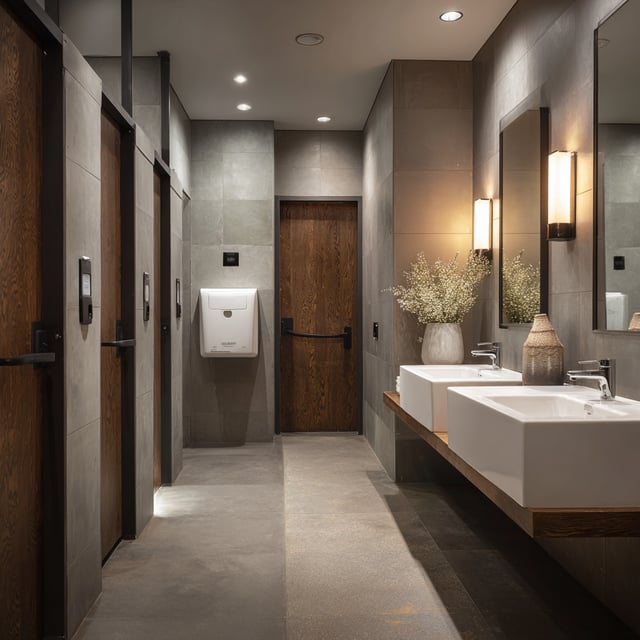  Modern restroom with stone tiles, wood doors, and twin sinks.