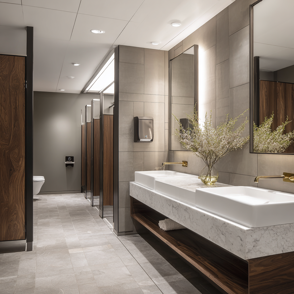  Minimalist spa restroom with marble counters and wood accents.