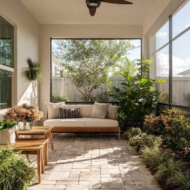Sunny screened patio with sofa, plants, pavers, and wood table
