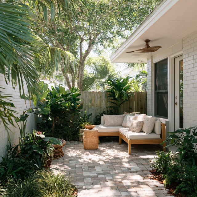 A tropical patio with a light wood sectional, white cushions, and brick pavers surrounded by lush plants.