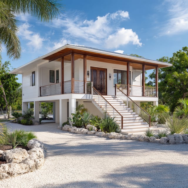 A modern, two-story white house elevated on stilts with a wide front staircase and tropical landscaping.