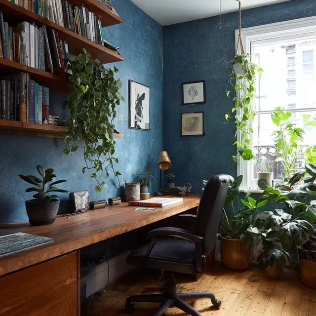 Cozy blue office with wooden desk books green plants and sun.