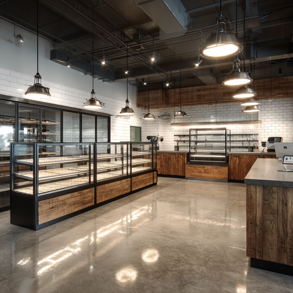 Modern industrial bakery with wood panels and glossy floors.