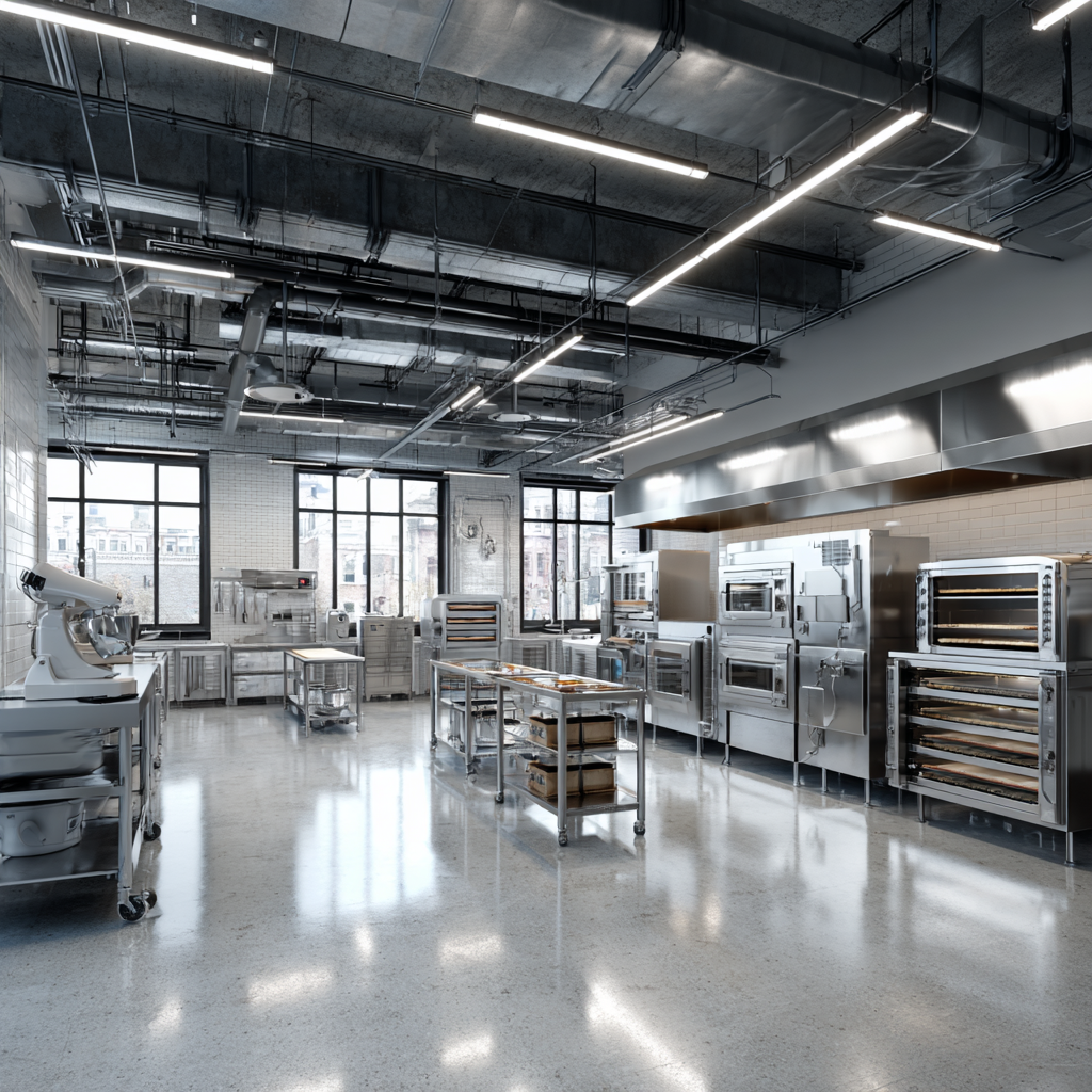 Shiny industrial kitchens and a rustic wooden retail bakery.