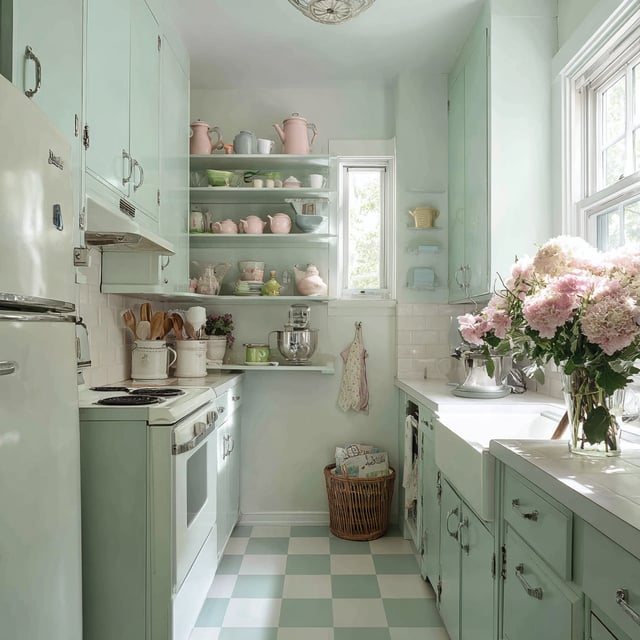 A charming, vintage-inspired galley kitchen characterized by a soft pastel color palette and a retro aesthetic.