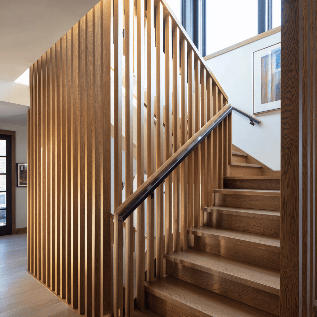 Wooden staircase with a modern vertical slat screen.