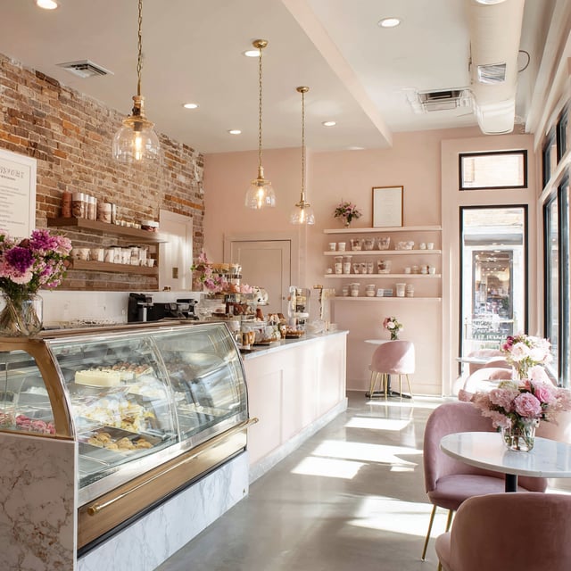intimate ice cream shop interior decorated with flowers, pink chairs, and gold fixtures