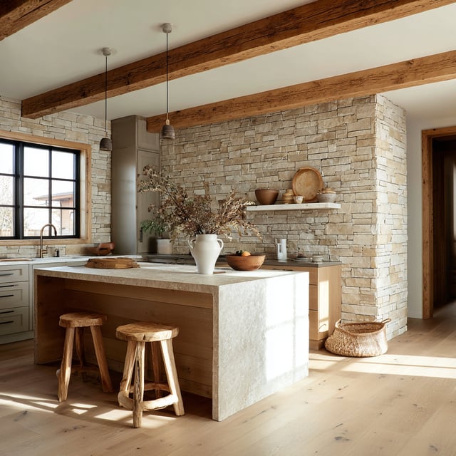 A rustic kitchen features a stacked stone wall, wooden island, and stools.