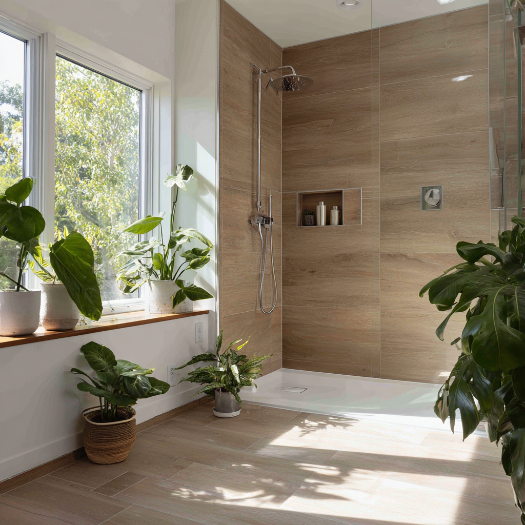 Bright bathroom with wood-look shower tile and plants.