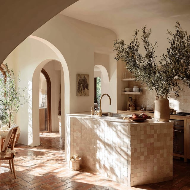 Sunlit Mediterranean kitchen with arches and olive branches