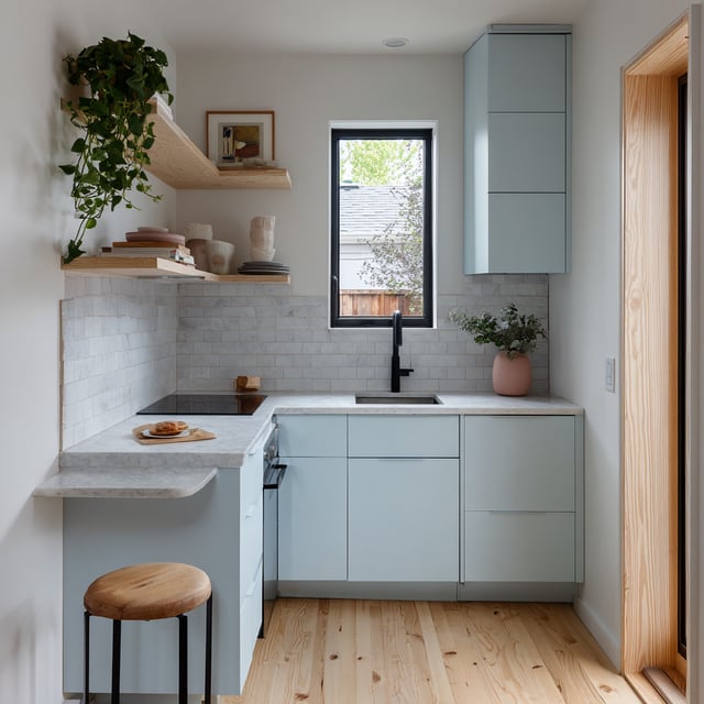 Small kitchenette with light blue cabinets and wood shelves.