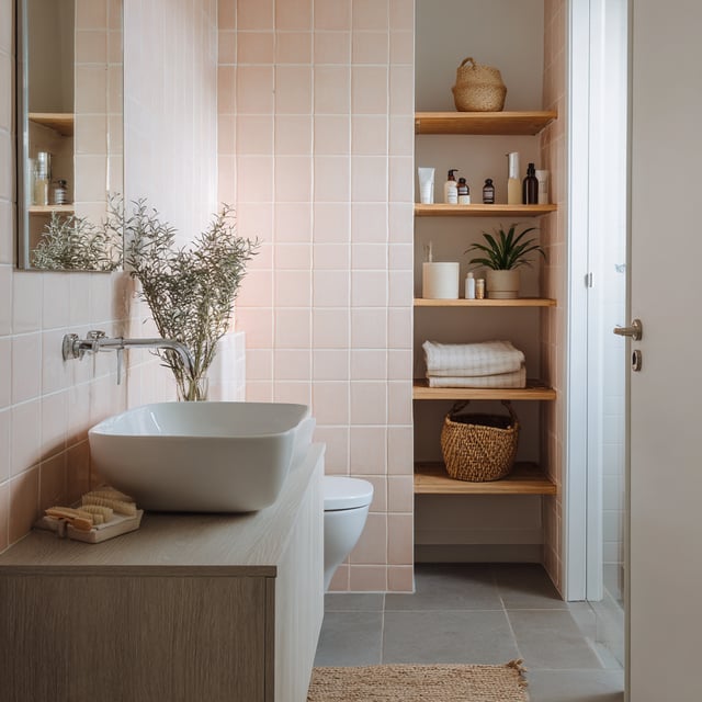 A clean, minimalist bathroom with pink tiles, a white sink, wooden shelves, and neatly arranged towels and plants.