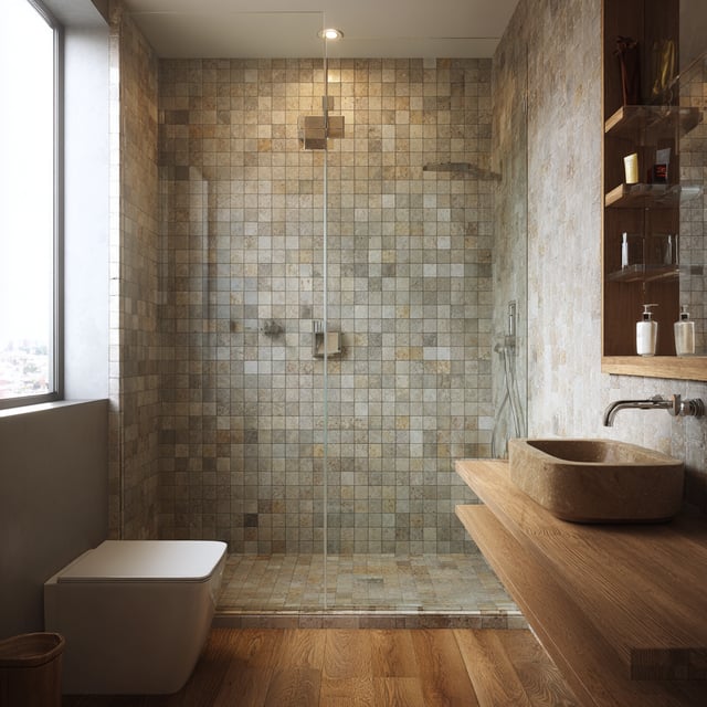A modern bathroom featuring a warm, organic design that balances modern fixtures with natural textures.