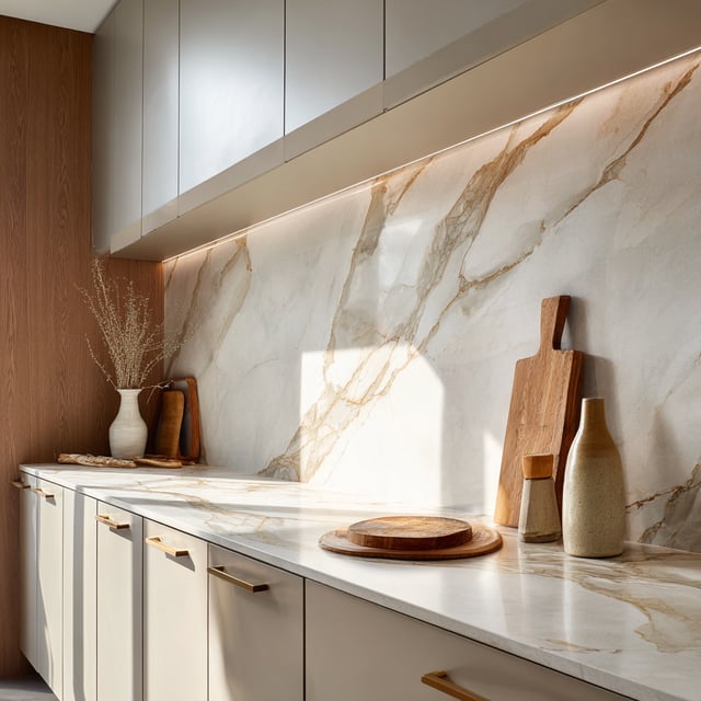 A modern kitchen featuring light beige cabinets, a white and gold veined marble countertop, and a matching full-height slab backsplash.