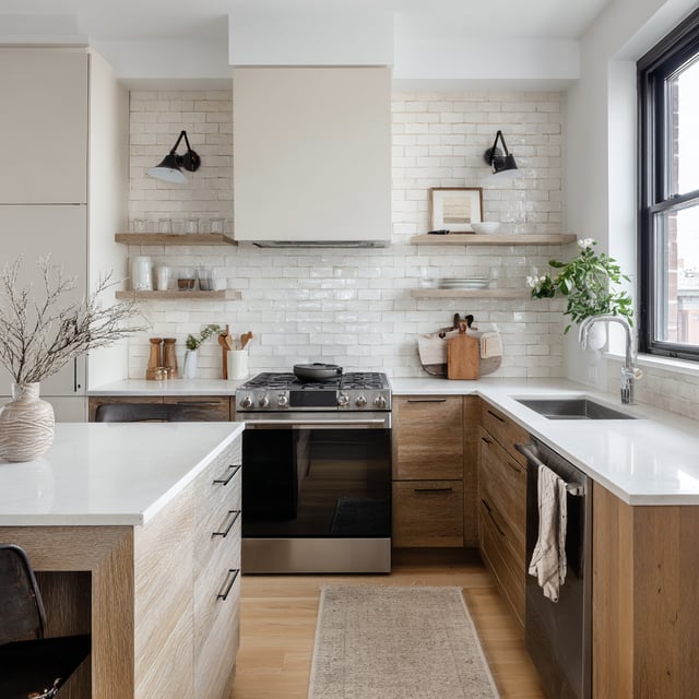 A modern rustic kitchen that balances clean lines with organic textures.