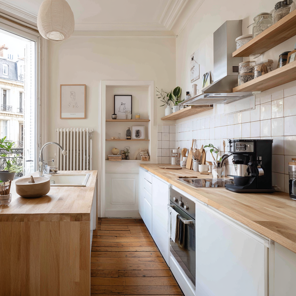 A bright, minimalist Japandi kitchen with white cabinetry, warm wood countertops, open shelves, and soft natural light.