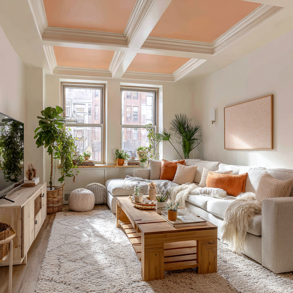 A cozy living room with a light sectional sofa, wooden coffee table, potted plants, and tall windows beneath a decorative coffered ceiling.