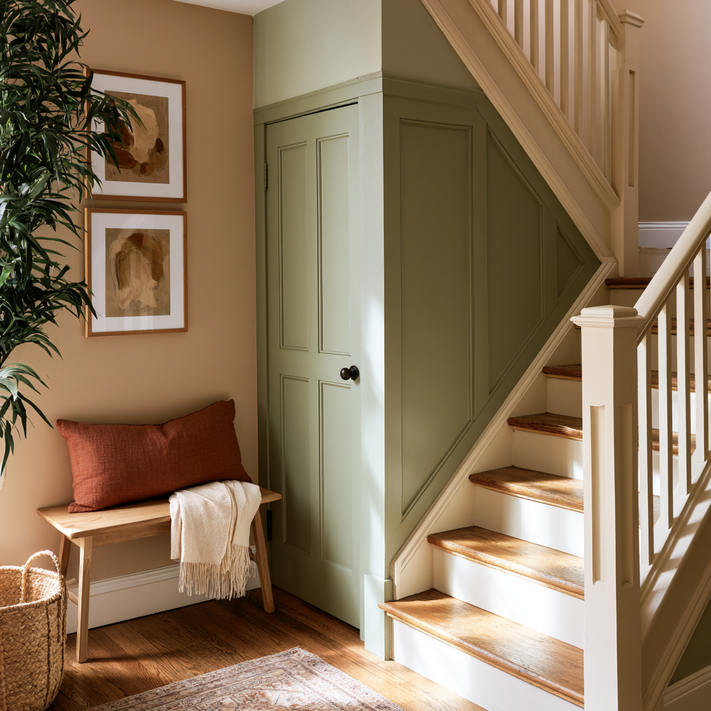 Staircase next to a green closet door and a wooden bench.