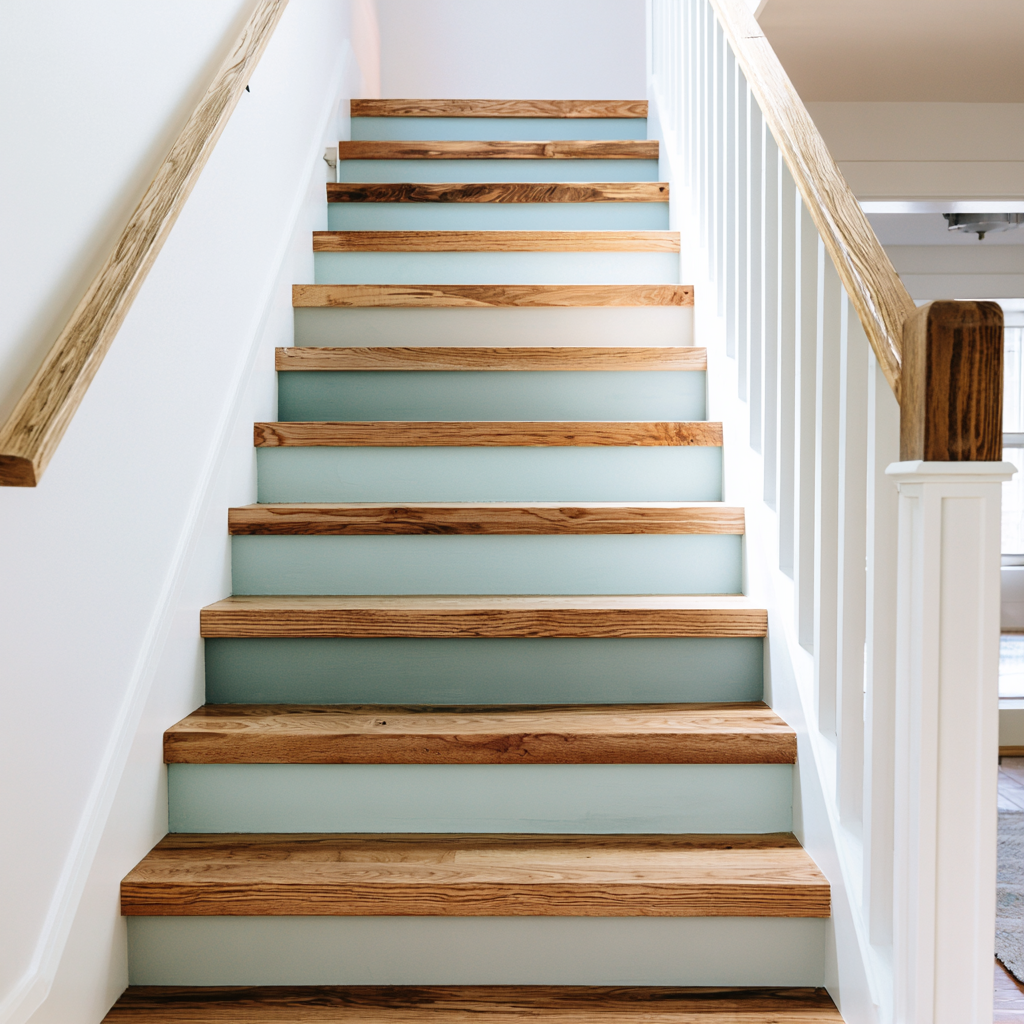 Wooden staircase featuring light blue painted risers.