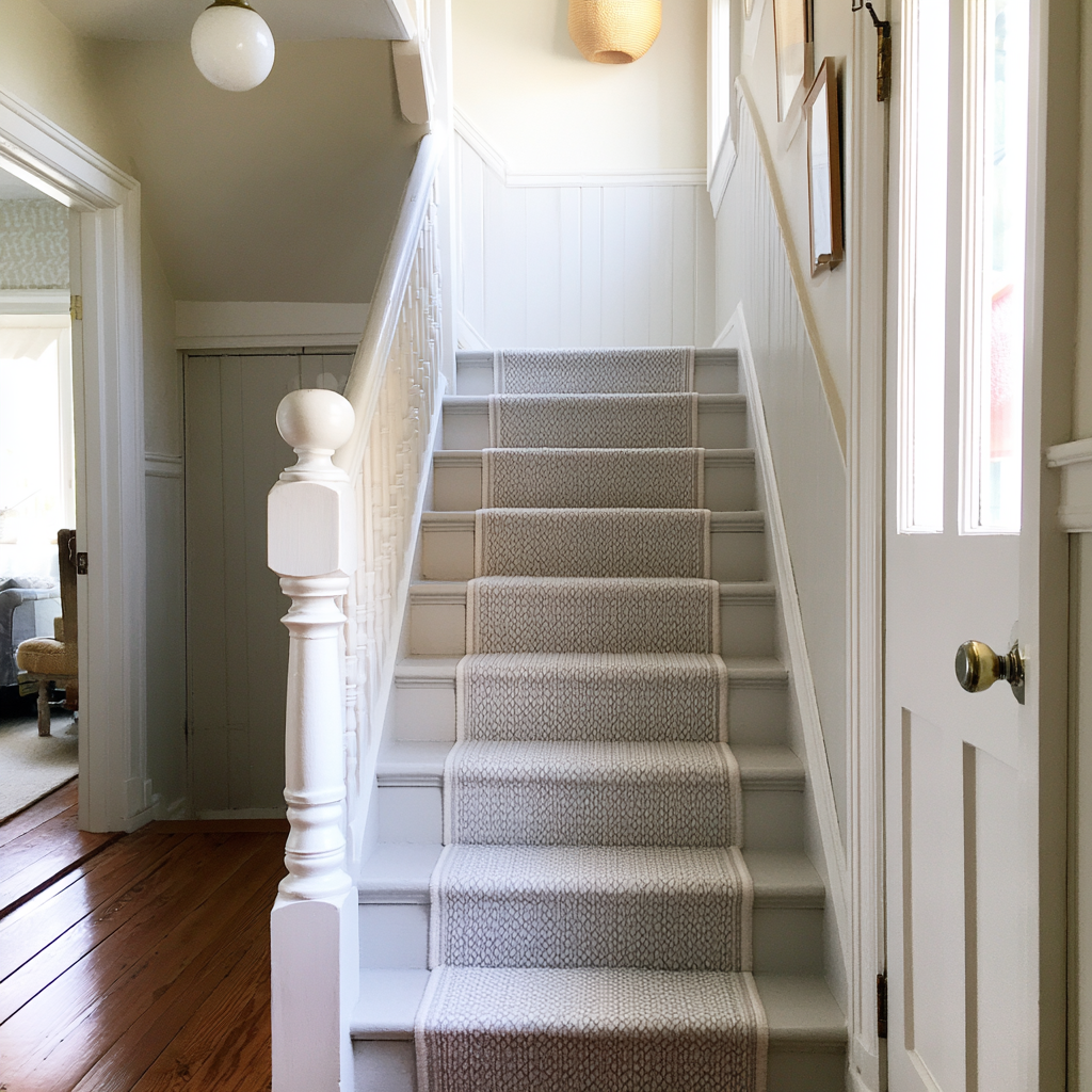 White staircase featuring a patterned carpet runner.