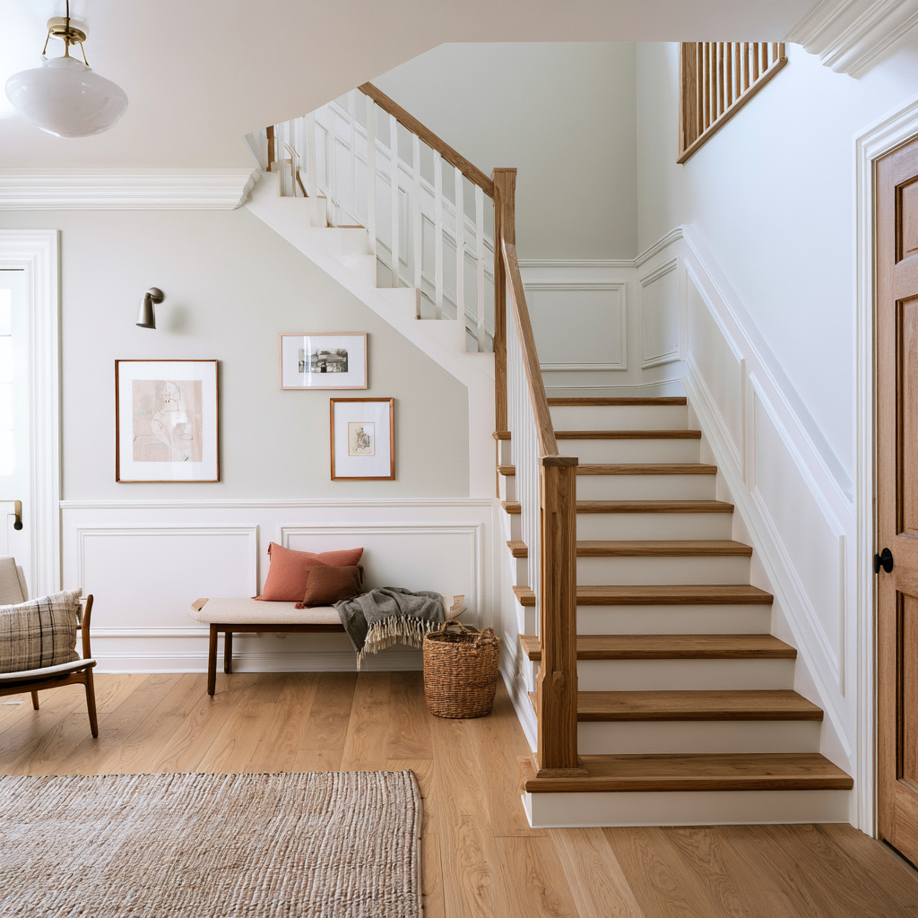 Wooden staircase with white risers and an entryway bench.