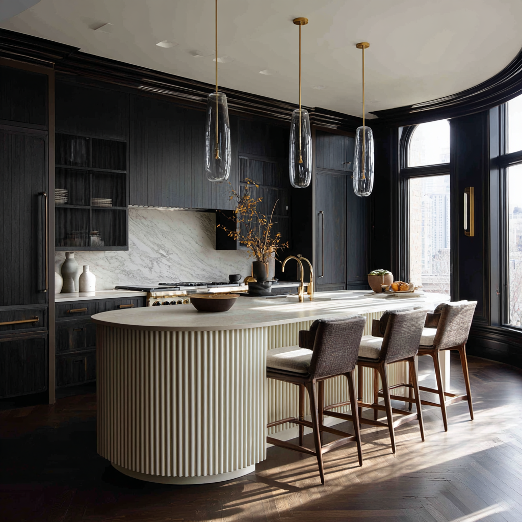 Modern kitchen with black cabinets and a fluted white island.