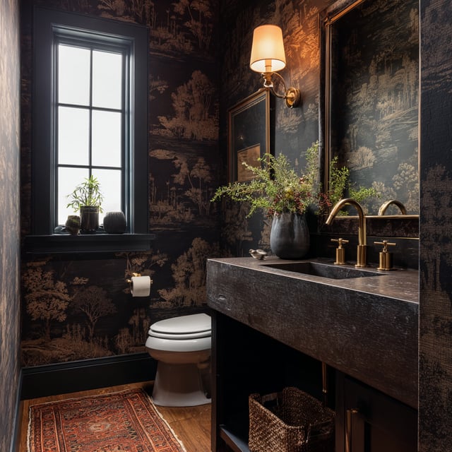 A moody powder room features dark, rustic wallpaper with a toile-like design, a black stone sink with brass fixtures, a toilet, a small window, and a patterned rug.