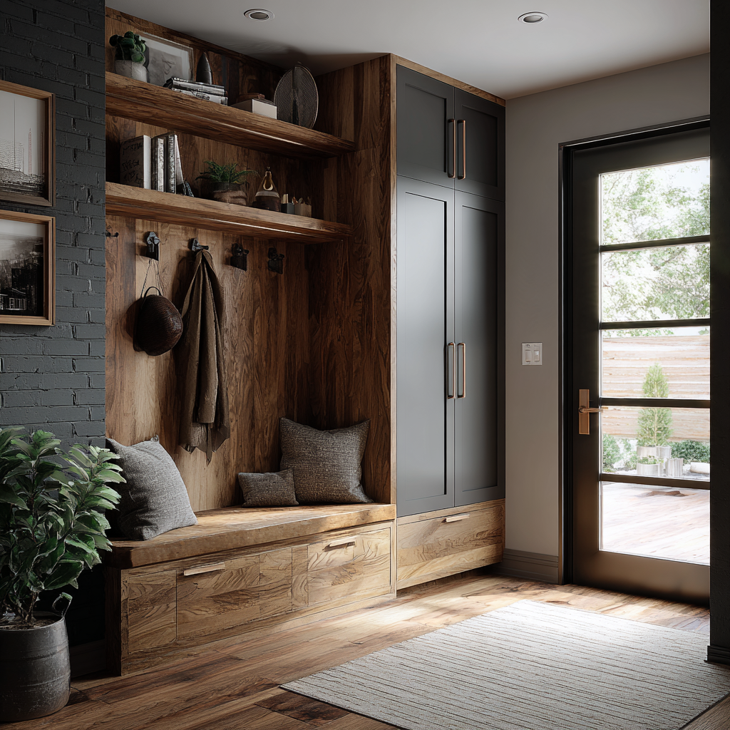 A built-in mudroom unit features mixed materials with light wood on the left for open shelving, a bench seat with drawers, and dark gray cabinetry on the right for closed storage, all set against a dark brick accent wall on the left, light gray walls elsewhere, and a wood floor leading to a dark-framed glass door with a sheer rug in the foreground.