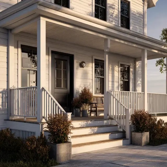 White house with a front porch and black front door.