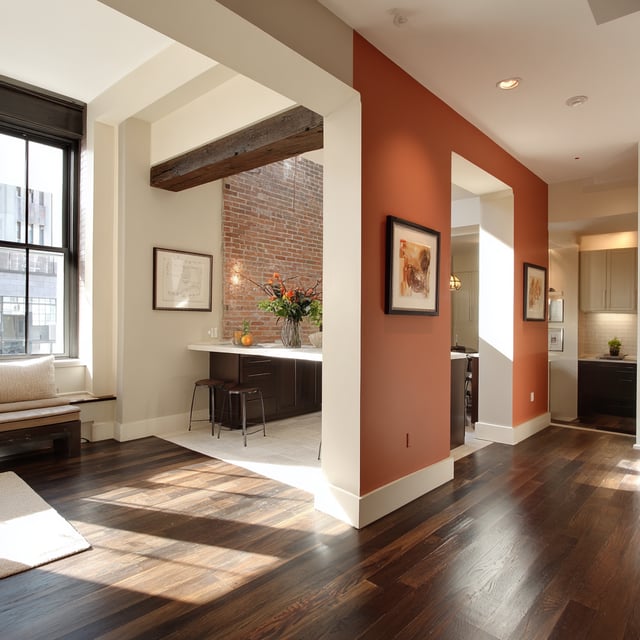 An open-concept living area featuring dark wood floors and a prominent terracotta-colored accent wall.